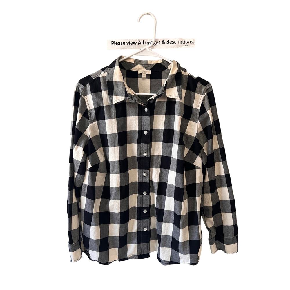 Talbots plus Button up Shirt 1X Women's Top Black Plaid Long Slv Casual Career